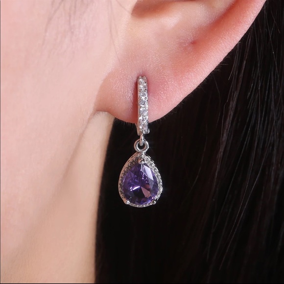 New 925 Silver Water Drop Royal Purple Earrings - Picture 6 of 6